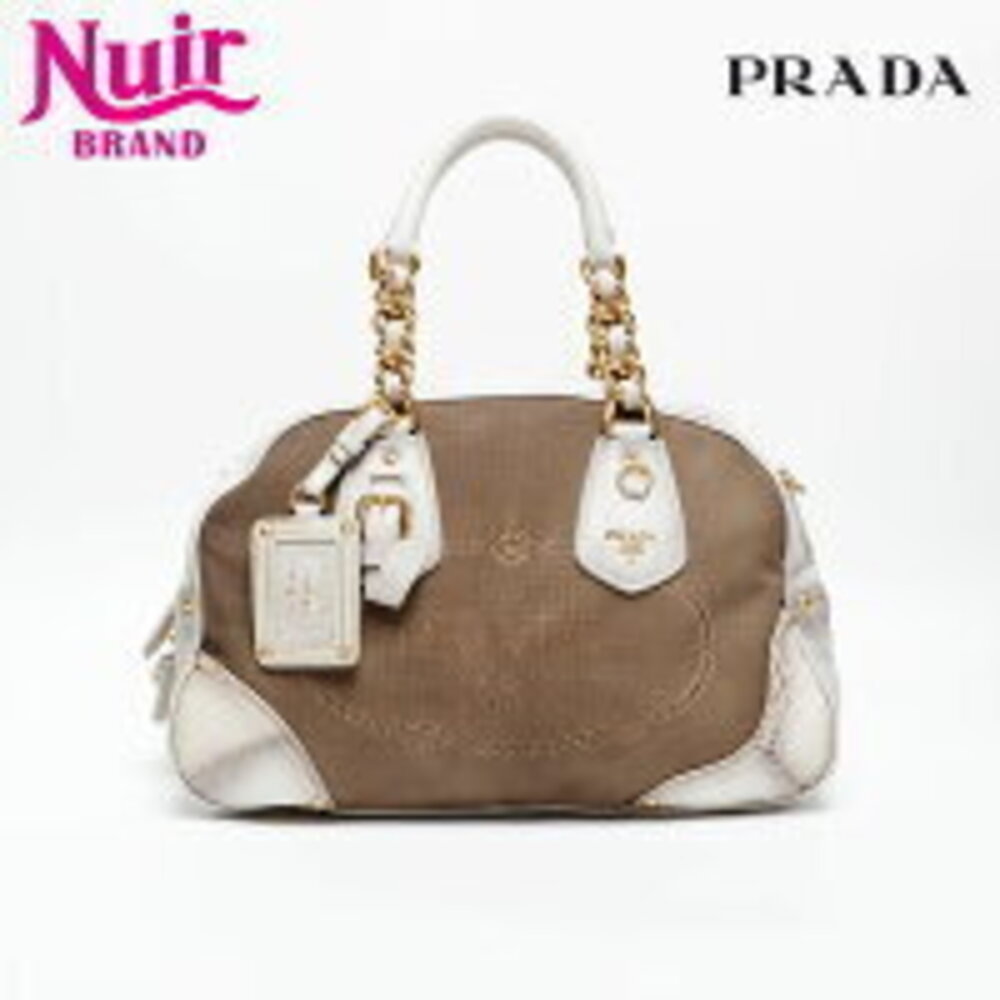 Prada Canvas Leather Jacquard Logo Handbag Brown